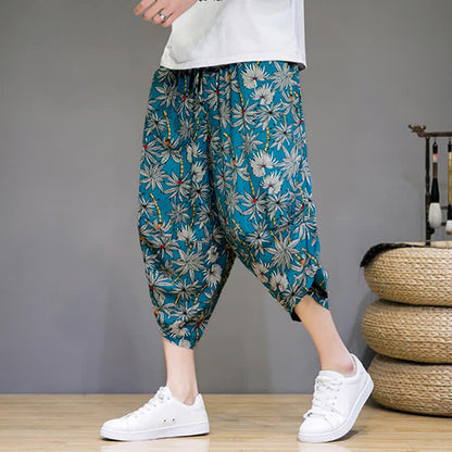 Buddha Stones Summer Boho Casual Drawstring Floral Capri Pants Men's Harem Pants With Pocket