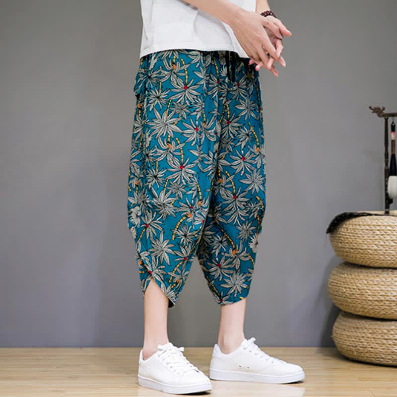 Buddha Stones Summer Boho Casual Drawstring Floral Capri Pants Men's Harem Pants With Pocket