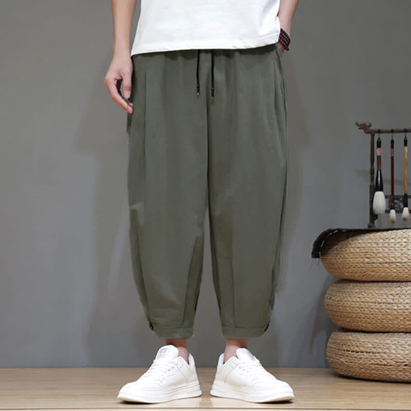 Buddha Stones Summer Casual Minimalist Drawstring Solid Men's Cropped Pants With Pocket