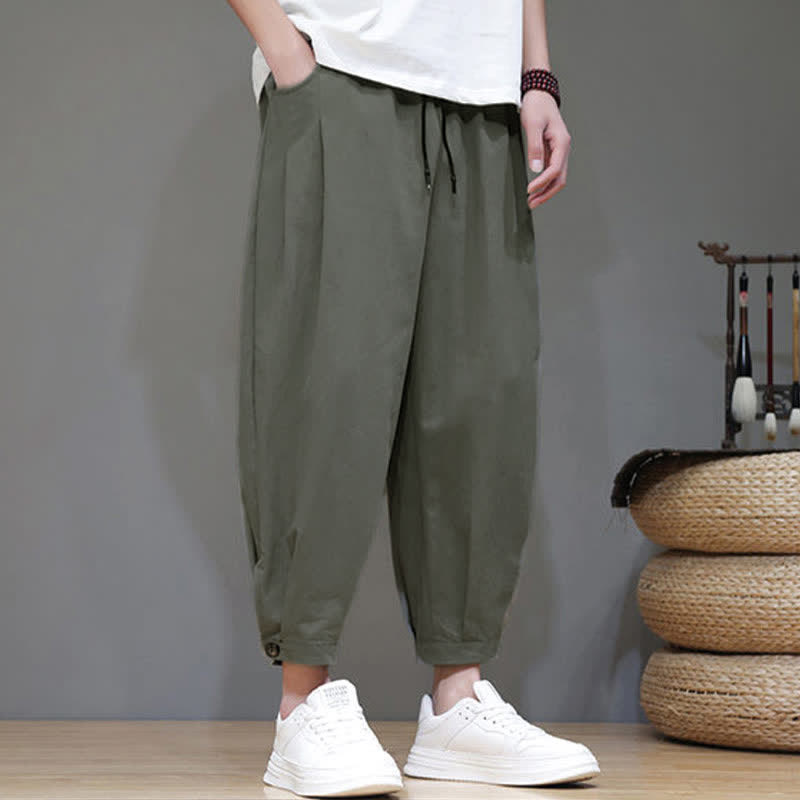 Buddha Stones Summer Casual Minimalist Drawstring Solid Men's Cropped Pants With Pocket