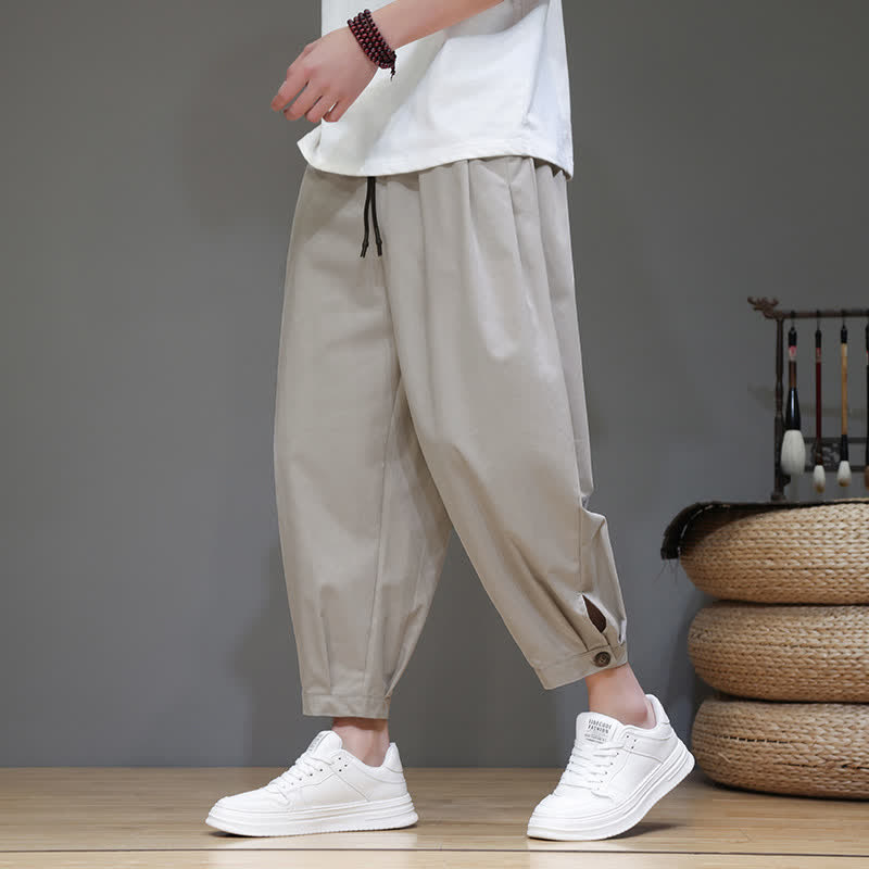 Buddha Stones Summer Casual Minimalist Drawstring Solid Men's Cropped Pants With Pocket
