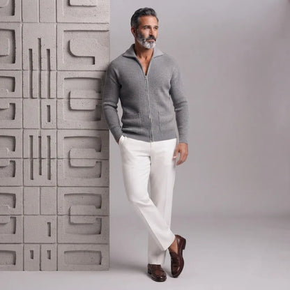 Men's Gray Ribbed Knit Patch Pockets Slim Fit Full Zip Cardigan