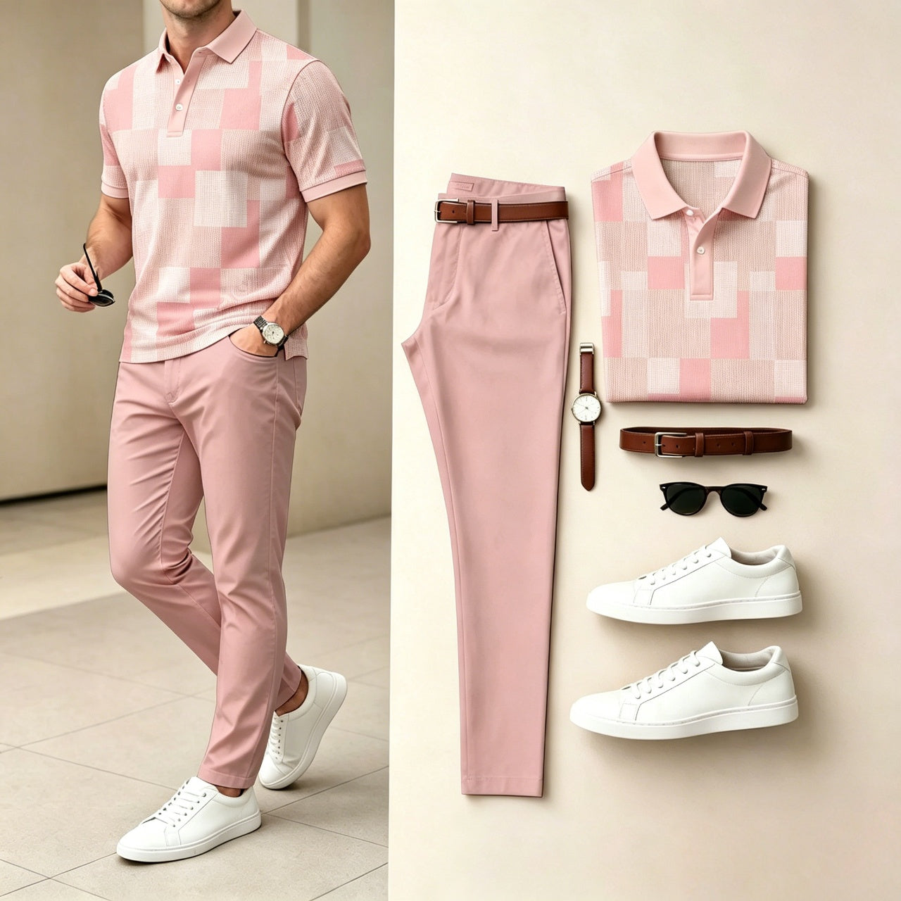 Men's Casual Color Plaid Printed Polo Shirt And Pants Two-Piece Set