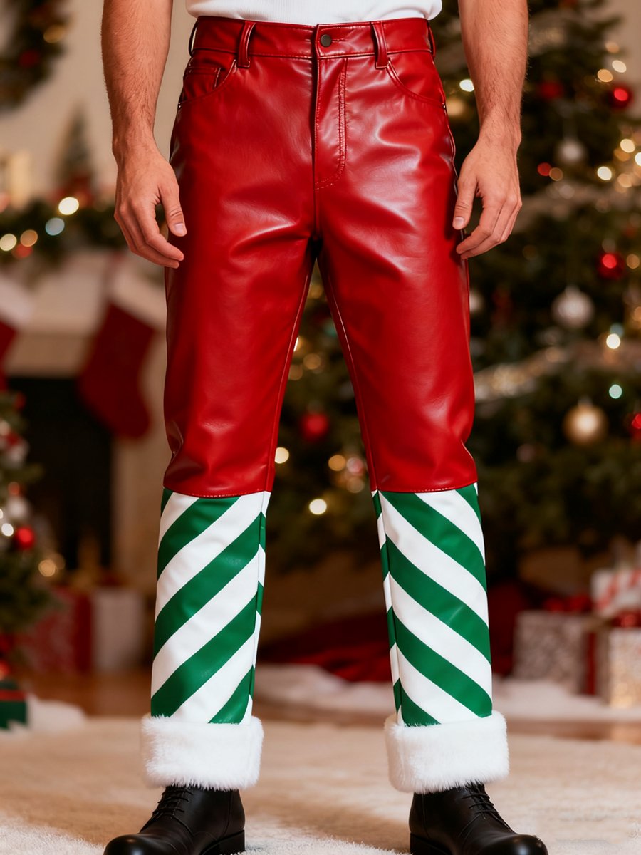 Men's Christmas plush leather pants