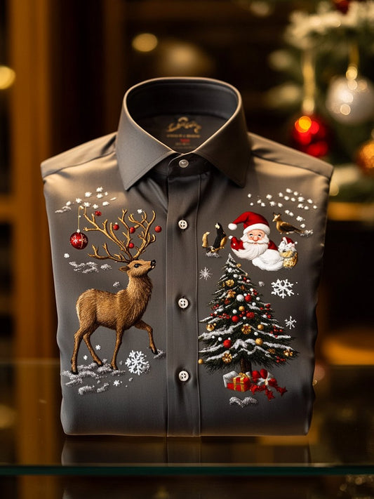 Christmas Men's Business Luxury Christmas Tree and Christmas Elk Long Sleeve Shirt