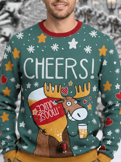 Men's Retro Cheers Moose Juice Ugly Christmas Print Sweater
