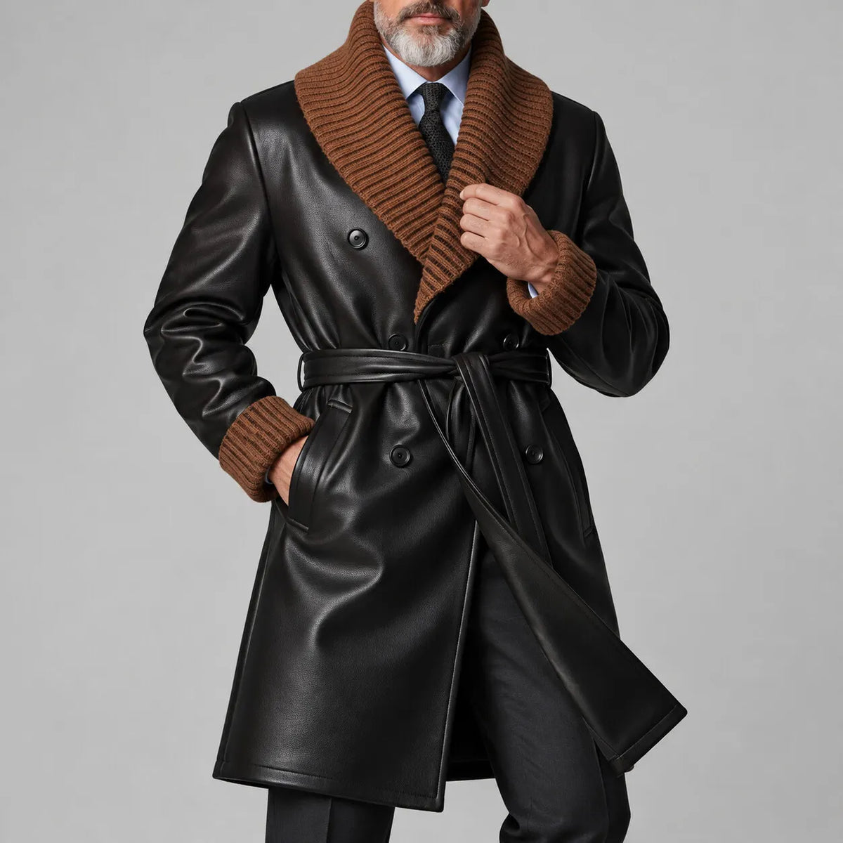 Men's Black Contrast Knit Shawl Lapel Double-Breasted Belted PU Leather Trench Coat