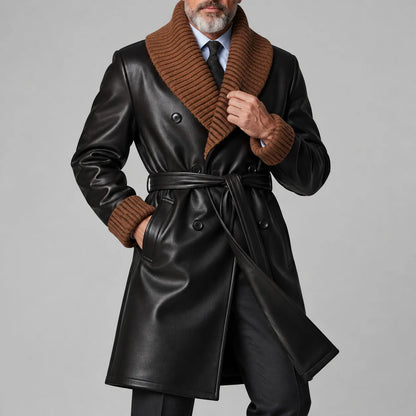Men's Black Contrast Knit Shawl Lapel Double-Breasted Belted PU Leather Trench Coat