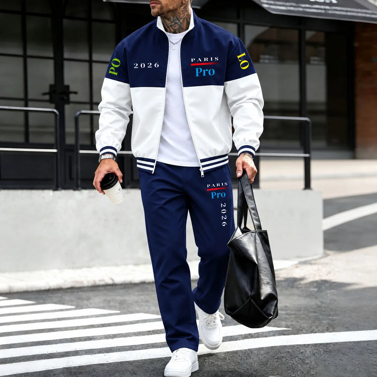 Men's Two-Piece Set: Color-Blocked Printed Fleece-Lined Jacket and Pants