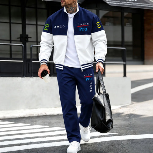 Men's Two-Piece Set: Color-Blocked Printed Fleece-Lined Jacket and Pants