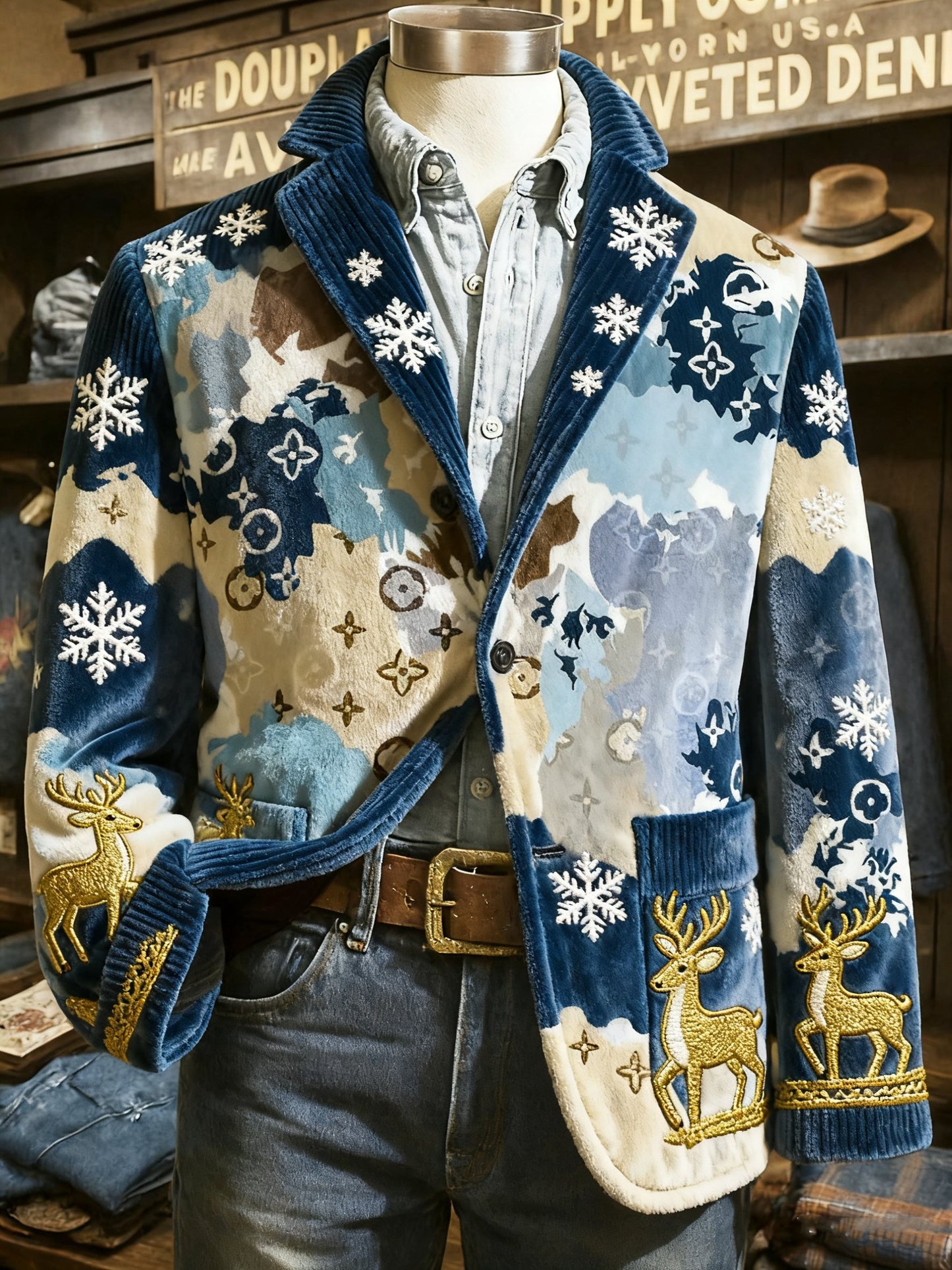 Vintage Christmas Santa Reindeer Snowflakes Print Casual Jacket