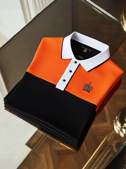 Men's Classic Business Check Logo Button Short Sleeve Polo Shirt