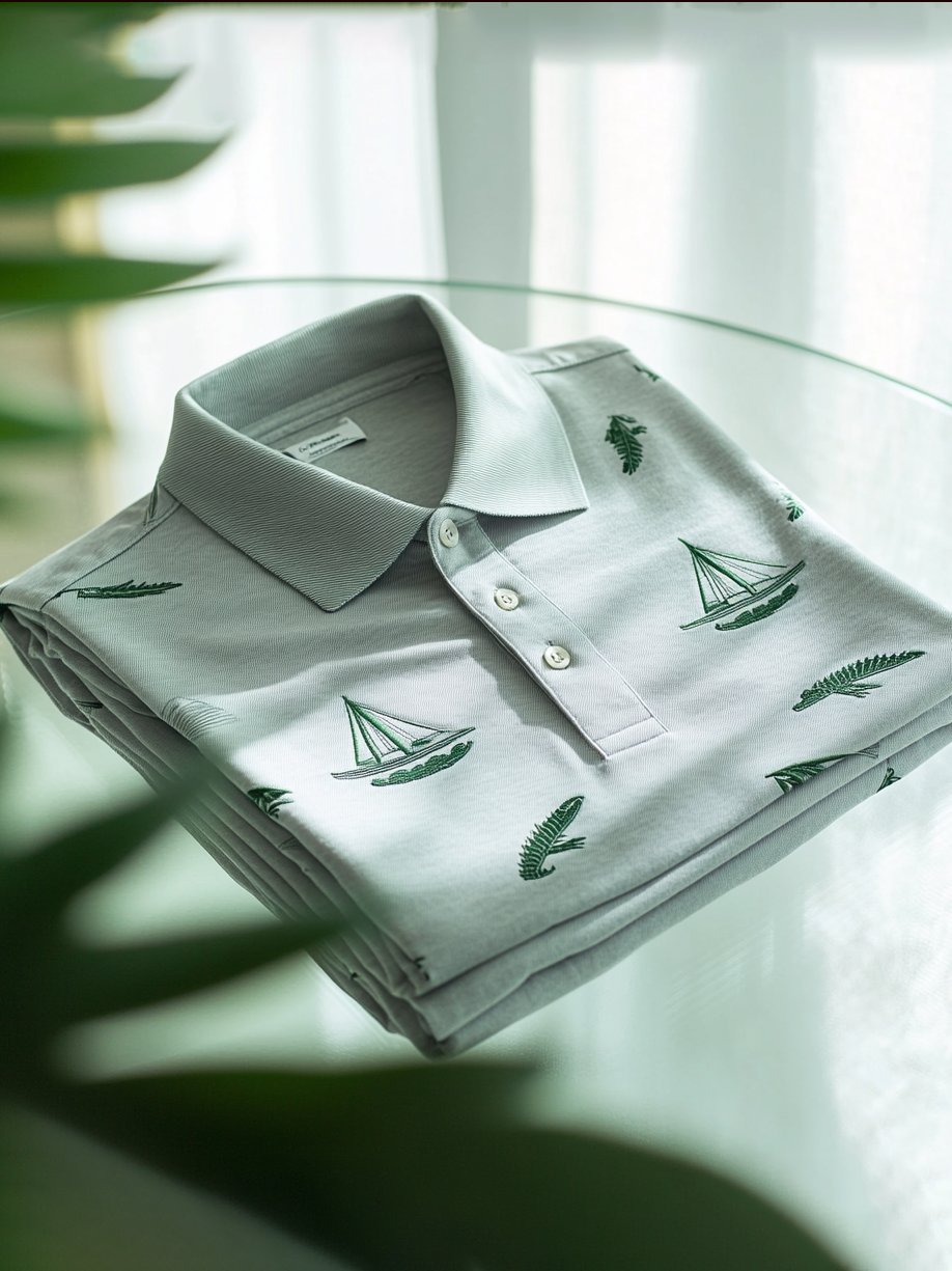 Men's Business Casual Jacquard Button Short Sleeve Polo Shirt