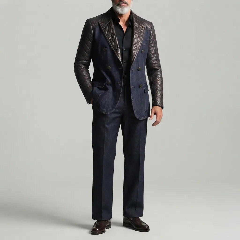 Men's Fashion Peak Lapel Double Breasted Quilted PU Leather Contrast Spliced Denim Blazer