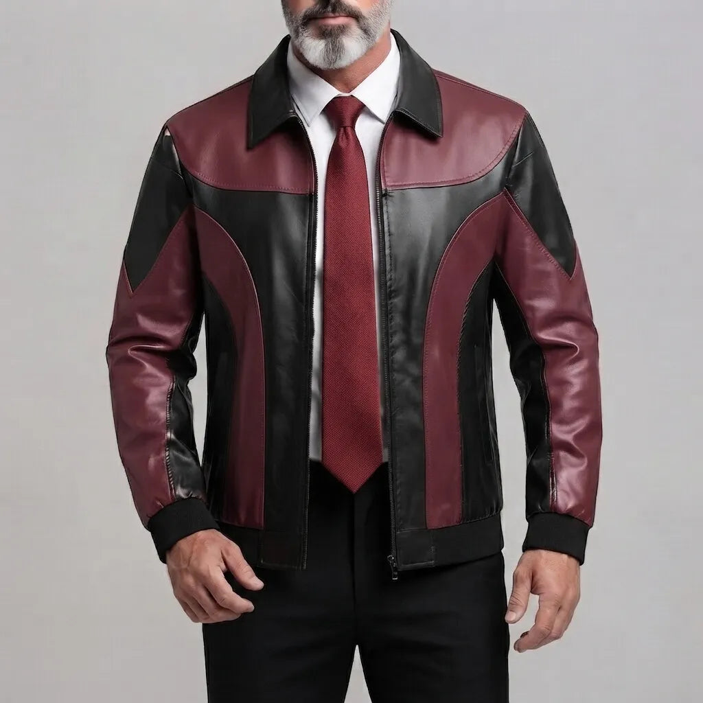 Men's Navy Blue PU Leather Colorblock Turndown Collar Zip-Up Jacket