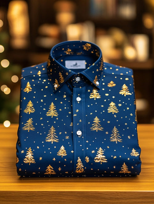 Men's Business Retro Christmas Tree Snowflake Print Long Sleeve Shirt