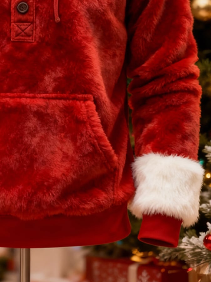 Men's Warm Plush Stitching Contrast Color Christmas Hooded Sweatshirt