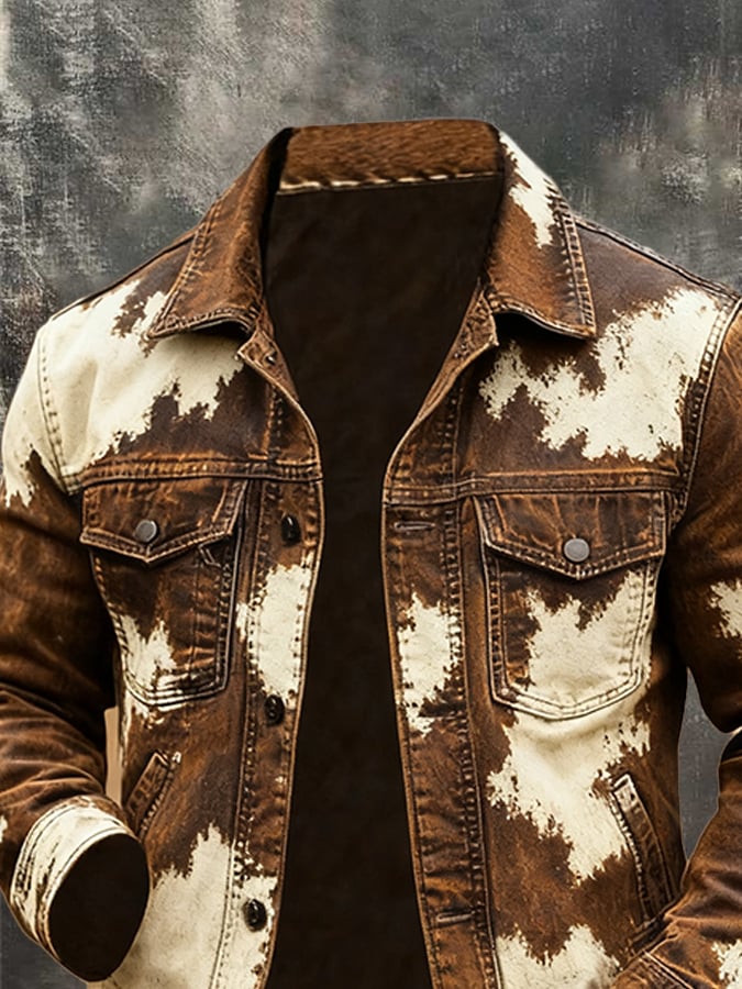 Men's Retro Western-Style Distressed Color-Blocking Jacket
