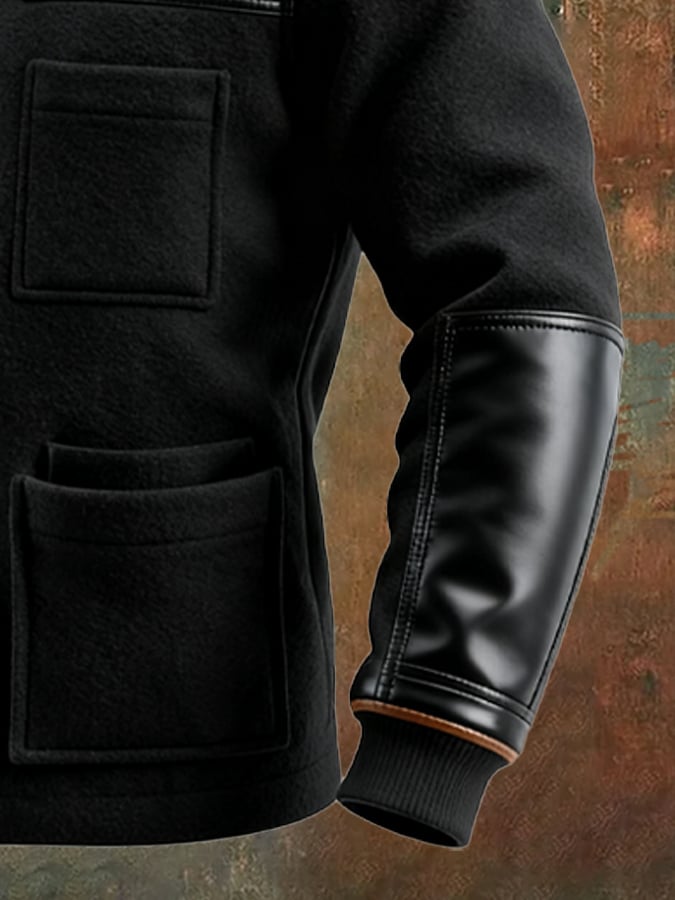 Men's Vintage Woolen Leather Patchwork Warm Multi-pocket Outdoor Jacket