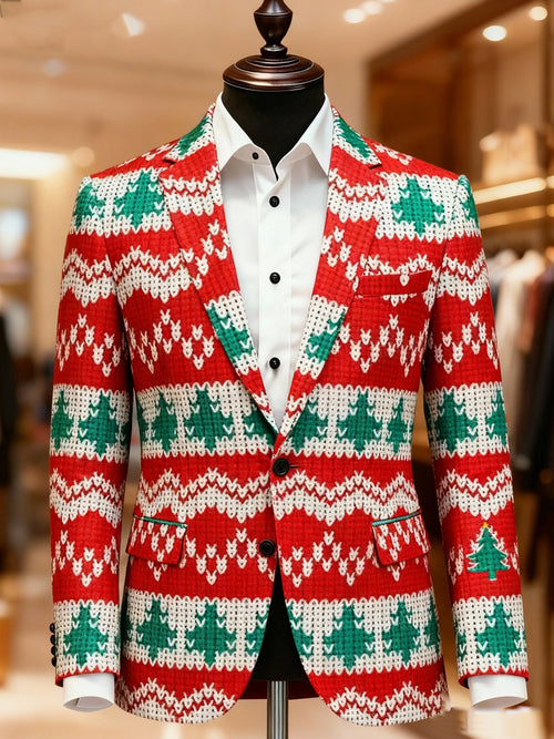 Men's Business Casual Large Pocket Notch Lapel Print  Christmas Tree Blazers