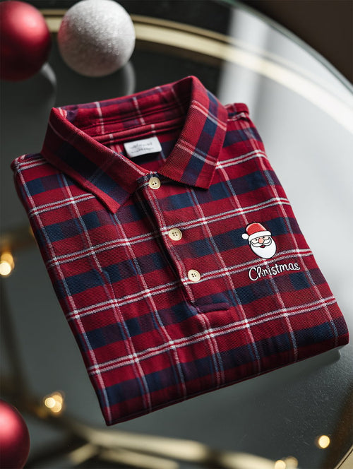 Men's Christmas Plaid Long Sleeve Polo Shirt