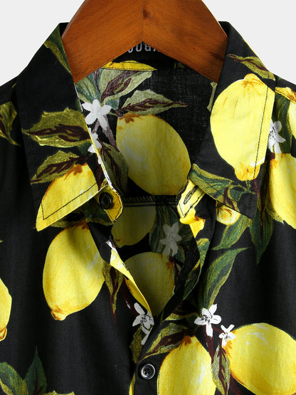 Men's Yellow Lemon Print Short Sleeve Hawaiian Shirt