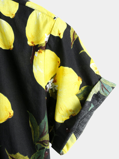 Men's Yellow Lemon Print Short Sleeve Hawaiian Shirt