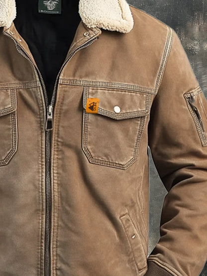 Men's Retro Classic Distressed Casual Fur Collar Pocket Jacket
