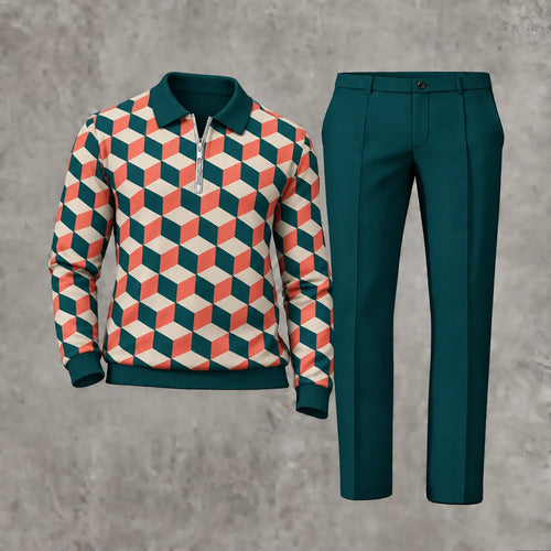 Men's Printed Zipper Polo Shirt and Pants Set