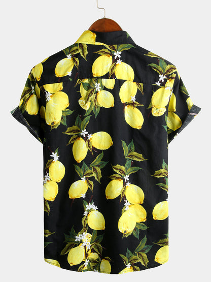 Men's Yellow Lemon Print Short Sleeve Hawaiian Shirt