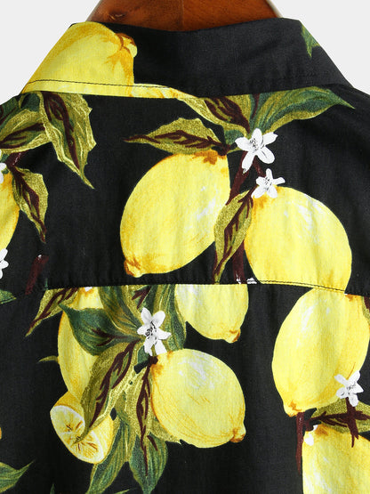 Men's Yellow Lemon Print Short Sleeve Hawaiian Shirt