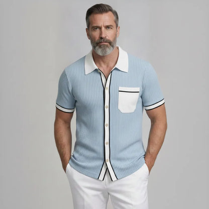 Men's Cool Blue Ribbed Knit Patch Pocket Contrast Binding Short Sleeve Shirt