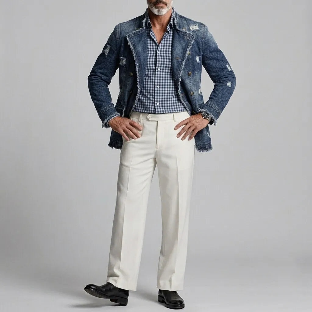 Men's Retro Ripped Frayed Edge Stand Collar Double-Breasted Denim Jacket
