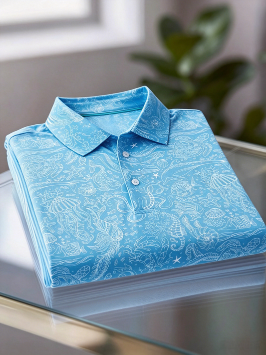 Men's Business Casual Jacquard Button Short Sleeve Polo Shirt