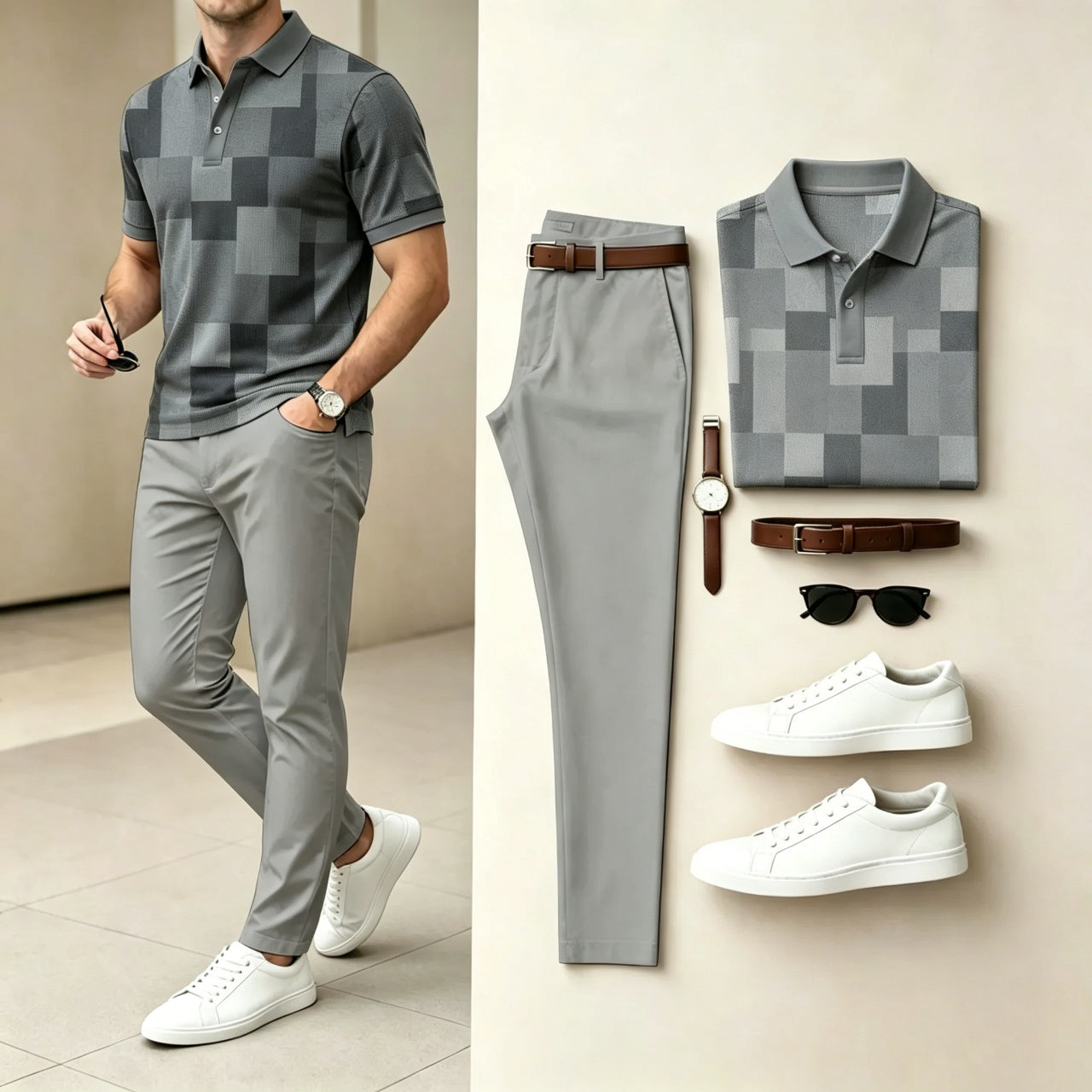 Men's Casual Color Plaid Printed Polo Shirt And Pants Two-Piece Set