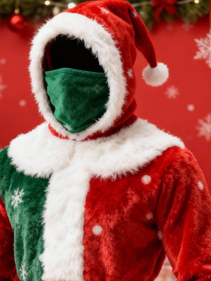 Men's Christmas Plush Hooded Jacket with Face Cover Design