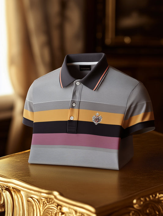Men's Business Casual Button Old Money British Emblem Short Sleeve Polo Shirt
