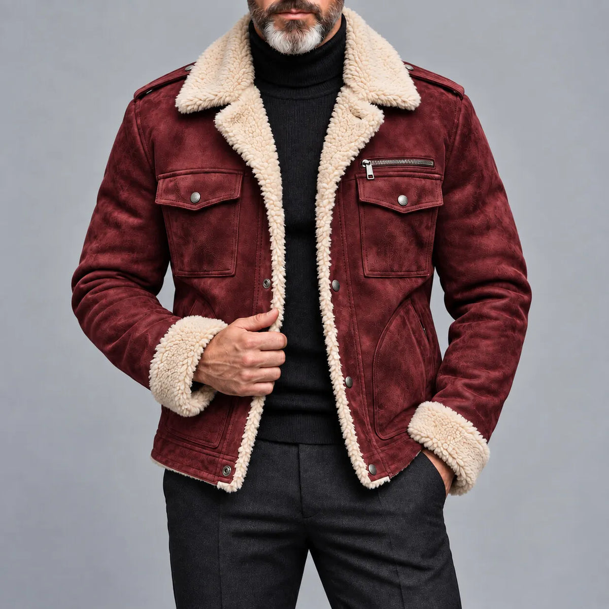 Men's Solid Color Suede Multi-Pocket Single Breasted Sherpa Lining Jacket