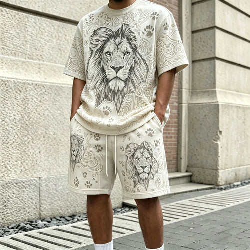 Men's Beige Lion-Print Round-Neck Short-Sleeve T-Shirt and Shorts Set