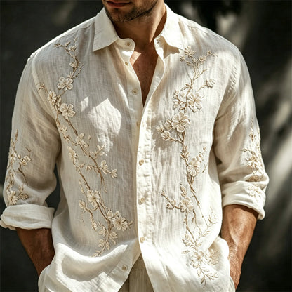 Vintage 3d Embroidery Linen Button Down Shirt, Men's Floral Embroidery Long Sleeve Casual Top