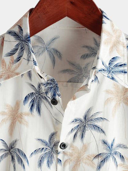 Men‘s 100% Cotton Hawaiian Plam Tree Short Sleeve Button Beach Shirt