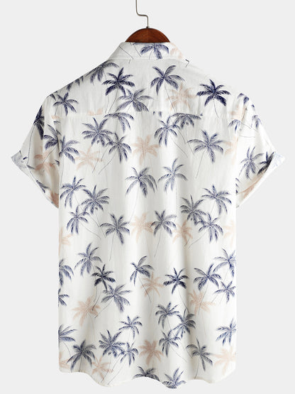 Men‘s 100% Cotton Hawaiian Plam Tree Short Sleeve Button Beach Shirt