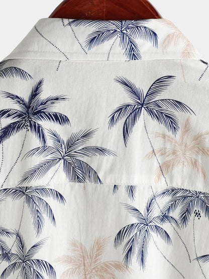 Men‘s 100% Cotton Hawaiian Plam Tree Short Sleeve Button Beach Shirt