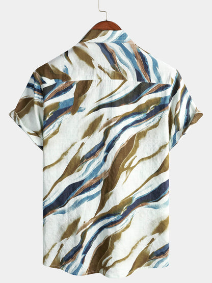 Men's Abstract Graphic Print Cotton Summer Short Sleeve Button Up Shirt