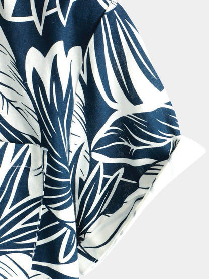 Men's Tropical Plant Print Pocket Cotton Linen Hawaiian Short Sleeve Shirt