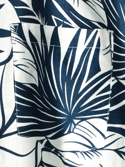 Men's Tropical Plant Print Pocket Cotton Linen Hawaiian Short Sleeve Shirt