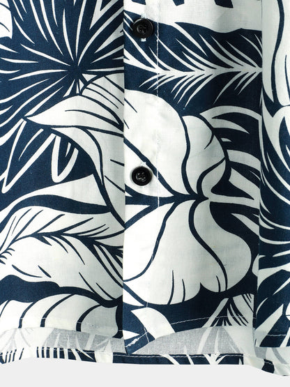 Men's Tropical Plant Print Pocket Cotton Linen Hawaiian Short Sleeve Shirt