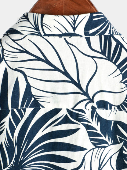 Men's Tropical Plant Print Pocket Cotton Linen Hawaiian Short Sleeve Shirt