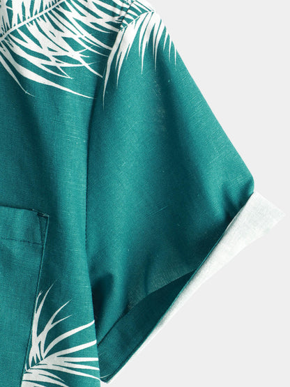 Men's Beach Holiday Cotton Linen Tropical Plant Print Pocket Hawaiian Short Sleeve Shirt