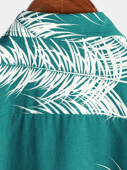 Men's Beach Holiday Cotton Linen Tropical Plant Print Pocket Hawaiian Short Sleeve Shirt